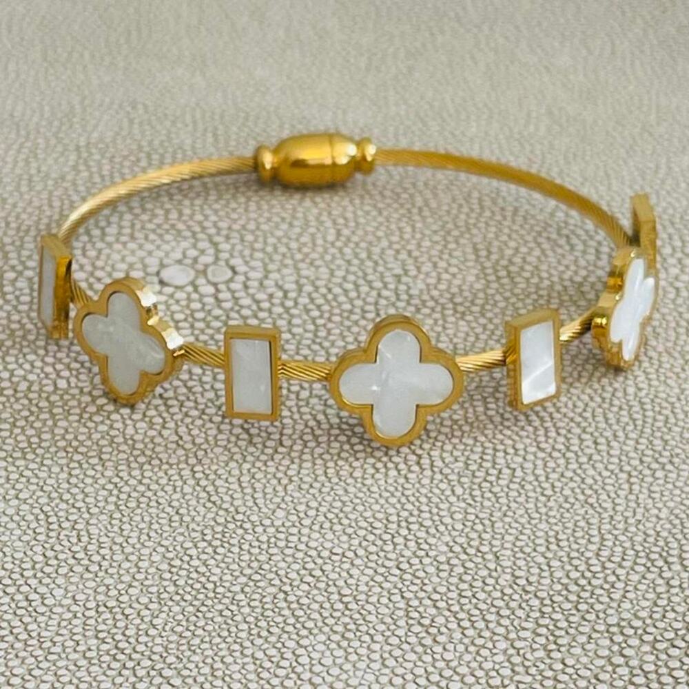 Gold Tone Clover Bracelet, White Inlay Four Leaf Clover Bangle, Fashion Jewelry
